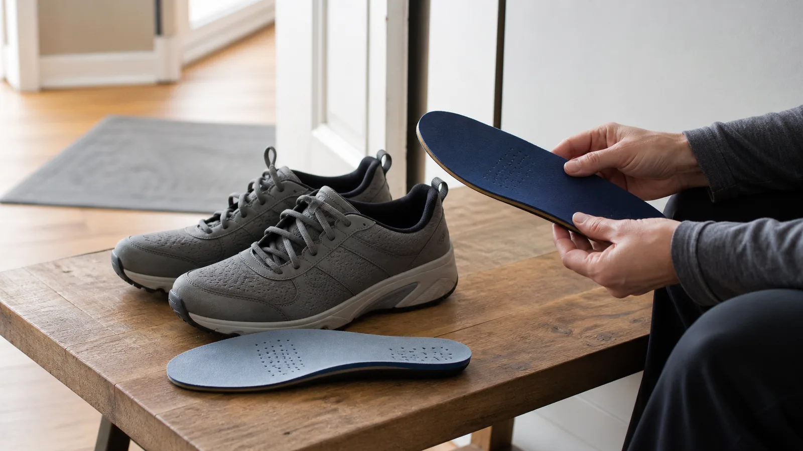 Unbranded walking shoes and removable insoles on a bench