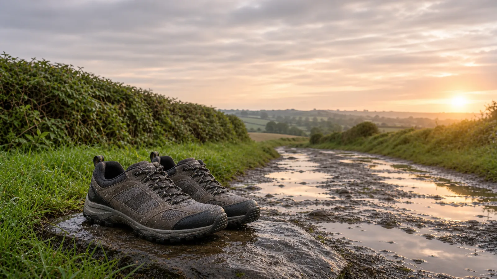 Walking shoes on a wet country path at dawn
