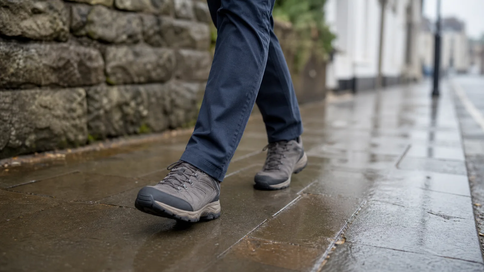 Unbranded walking shoes on a rainy pavement