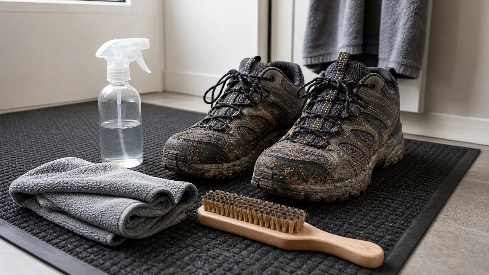 Unbranded muddy walking shoes with a brush and cloth on a plain mat