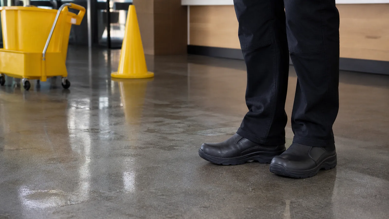 Unbranded black work shoes on a clean hard floor