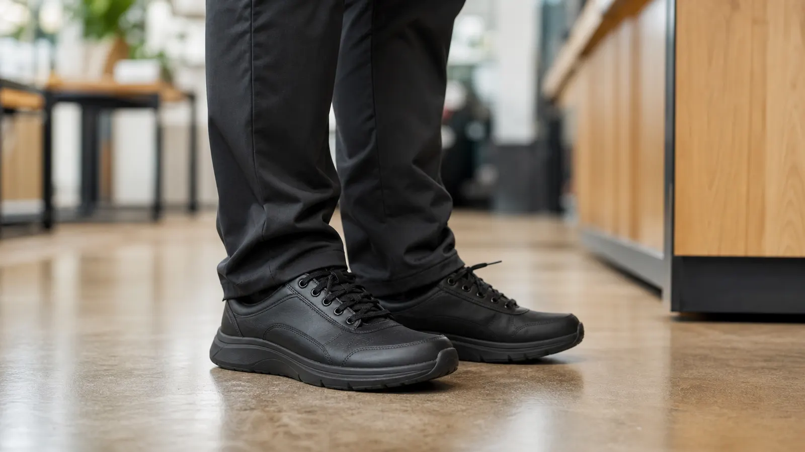 Unbranded black walking shoes on a clean hard floor