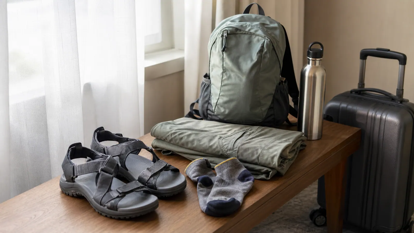 Unbranded walking sandals packed with travel walking gear