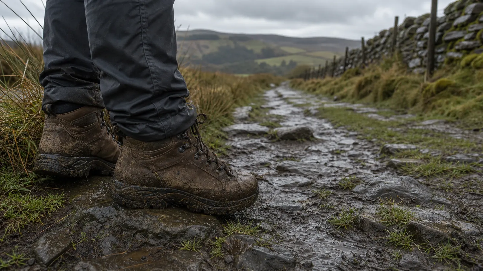 Unbranded walking boots on a muddy countryside path