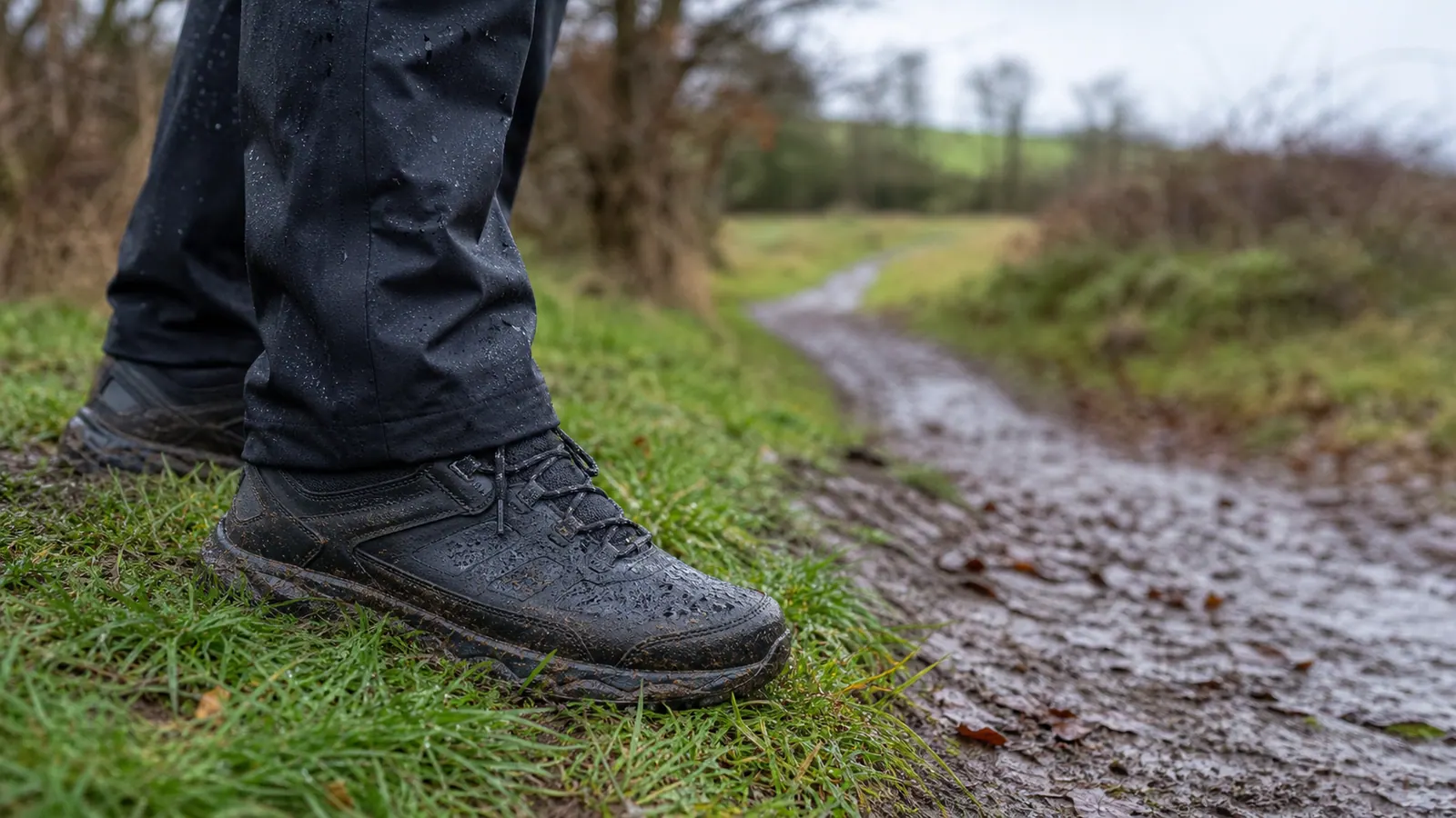 Unbranded waterproof walking shoes beside a wet muddy path