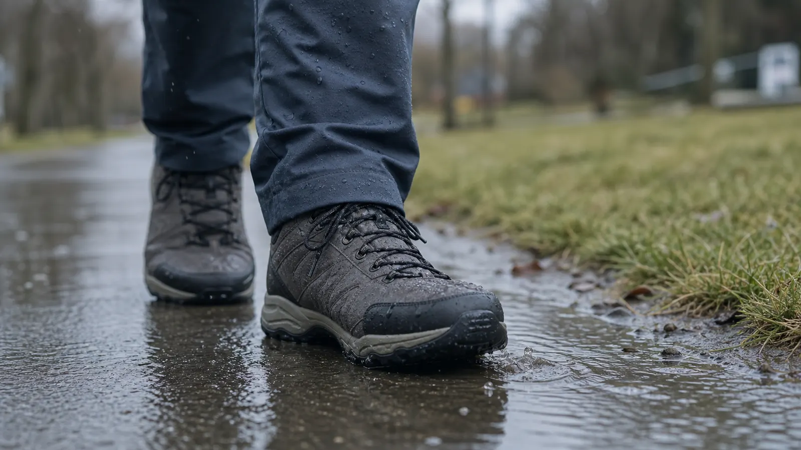 Unbranded walking shoes on a rainy paved path