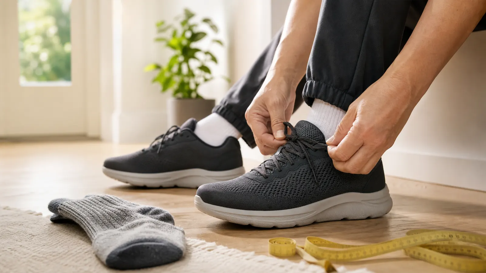 Unbranded walking shoes being checked indoors for fit
