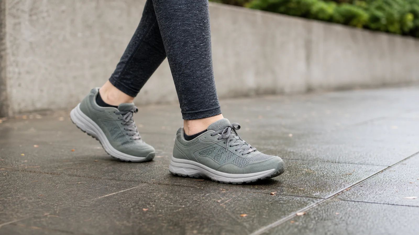 Unbranded walking shoes on a damp pavement